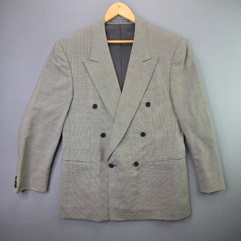 Paul Rodon Blazer Double Breasted Wool Houndstooth 42R Tan Black Vintage Canada